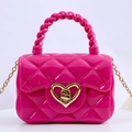 Mini jelly handbag in rose red with diamond quilt texture and gold heart-shaped buckle - Rose Red