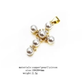 Detailed view of titanium steel cross pendant with white pearls and zircon inlay - Large Cross
