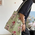 Eco-friendly cotton tote bag with green stripes and pink floral patterns on a white base - Standard Large / Green Flower
