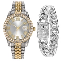 Detail shot of iced-out Cuban link bracelet and gold-tone iced bezel watch set - White Watch + Silver Bracelet