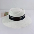 Detail of white straw sun hat featuring silver sequins and black ribbon with gold buckle - M (56-58cm) Adjustable / White