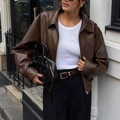 Women's casual brown faux leather jacket with loose zip-up style for autumn - S / Brown