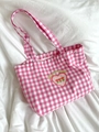 Bolso tote de lona de cuadros rosa con estampado de tulipanes y texto Fun Fun Party - Corazón Tulipán Gingham / Rosa Claro