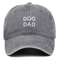 Close-up of DOG DAD white embroidery on a vintage grey washed cotton baseball cap - One Size / Gray