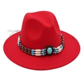 Detailed view of red felt fedora hat featuring ethnic band with turquoise beads - One Size / Red