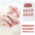 Dusty rose press-on nails with pearl accents and 3D glitter bow designs, 24pcs set - F785-17 Nude Pink Pearl Clear Bow