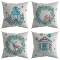 Set of 4 Christmas pillow covers with lantern, squirrel, reindeer and snow door illustrations - Cyan Lantern Squirrel