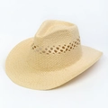 Handcrafted beige straw cowboy hat with cutout woven band for beach sun protection - Raffia Hollow Cowboy Hat - Beige