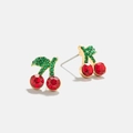 Sweet cherry stud earrings with red crystals and green stones in gold setting - Cherry Red