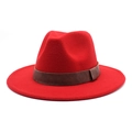 Detail of red wool felt fedora featuring a wide flat brim and a brown leather hat band - M (56-58cm) / Red