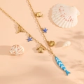 Gouden titanium stalen halsketting met dolfijn zeester en blauwe emaille hangers - Donkerblauwe Visstijl (1103 Ketting)