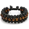 Detailed view of triple-layer tiger eye and volcanic stone bracelet with adjustable cord - Tiger Eye Three Layers Bracelet