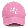 Close-up of pink washed cotton baseball cap featuring mr embroidery and curved brim - Pink Mr.
