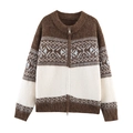 Chaqueta de punto jacquard para mujer con cremallera bidireccional en marrón y blanco - S / café