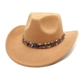 Detail of camel wool fedora featuring ethnic ribbon, rivets and Evil Eye charm - M(56-58cm) / Camel