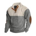 Dettaglio maglione uomo con bottoni, design color block e toppe in pelle marrone - S / Grigio