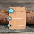 Three vintage turquoise alloy flower hair clips on card over a rustic wood background - SX160-Retro Turquoise Style