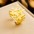 Irregular lava textured gold plated stainless steel ring with six white pearls for women - Lava Texture Pearl Style (R545)