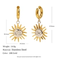 Detail shot of 18K gold-plated stainless steel sun earrings with size specifications - Two-tone Sun Pendant Earrings
