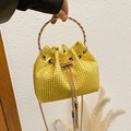 Bright yellow rhinestone bucket bag with golden metal ring handle and chain strap - Yellow
