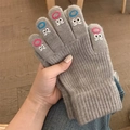 Grey knit gloves for women winter warm cute eyes pattern soft cozy daily wear detail view - Gray