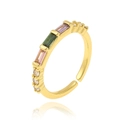 Detail of gold open ring with rectangle purple green pink gems and clear zircon accents - Colorful Sugar Cube Zirconia Style (J-1329)