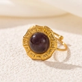 Macro detail of 18K gold-plated stainless steel ring with vintage purple stone inlay - Large Round Purple Stone Style (2549-12)