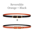 Reversible skinny waist belt for women in black and orange leather with gold buckle - Orange + Black