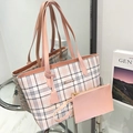 Pink and white checkered tote bag set with matching small pink pouch in high-quality PU leather - Pink Plaid Tote / Pink