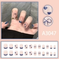 French blue bow heart press-on nails set with 24 pieces of short minimalist nail tips - Blue Heart Bowknot Style (A3047) / Glue Type (Set of 24)