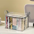Foldable transparent book storage bin with grey trim and handles in size 32x24x25cm - Medium / Gray