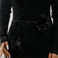 Bohemian black woven waist rope with large fabric flower and wooden beads detail - Black