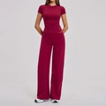 Women's burgundy yoga set with slim fit short sleeve top and high waist wide leg pants - S / Raspberry Red