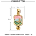 Detail shot of 18k gold plated floral pendant with enamel butterfly and zircon size specs - YE059/Rectangular Butterfly/Multicolor Gradient