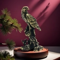 Miniatur-Adlerfigur aus massiver Bronze auf Holzsockel mit feiner Federstruktur-Gravur - Adler-Stil