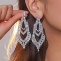 Elegant long silver chandelier earrings with luxury sparkling crystals on female model - Silver Multi-layer Geometric Dinner Style