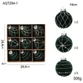 Set di 9 palline di Natale in velluto verde scuro con motivi dorati in scatola legno - 9 Pezzi/8cm / Verde Scuro