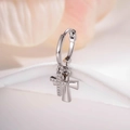 Silver cross earrings with zircon pavé and minimalist hoop design in a close-up shot - Silver Cross Hoop Earring - Single Piece (A802)