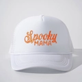 White trucker hat with orange Spooky MAMA embroidery for Halloween outdoor activities - One Size / All White