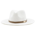 Detail of white straw fedora with brown leather band and gold buckle on plain background - 58cm / White