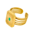 Detail of vintage gold ring with green gemstone and radiant sunburst engraving pattern - Rectangular Green Stone Sun Pattern Style (BJ1067B5)