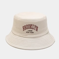 Detail of Brooklyn 1898 embroidery on cream canvas bucket hat with reinforced stitching - M (56-58cm) / Beige