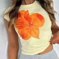 Slim fit Y2K short sleeve t-shirt in yellow featuring a large orange flower print - S / Yellow