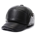 Men's winter black leather baseball cap with grey faux fur lining and ear protection - One Size / 7-Panel Grey