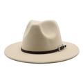 Close-up of beige wool fedora hat with brown leather band and silver carved buckle - M (56-58cm) / Beige