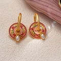 Retro matte gold hoop earrings with colorful floral enamel and white teardrop pearl - T2350 Style / Pink Cyan Floral Pearl