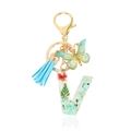 Letter V crystal keychain with red dried flowers, blue tassel and green butterfly charm - Letter V