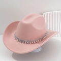 Pink western cowboy hat featuring silver bead chains and sparkling rhinestones decor - Lotus Pink