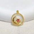 Gold-plated moon and star pendant with colorful cubic zirconia and sparkling white crystals - Round Moon Star - Pink Zirconia
