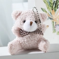 Pink cartoon teddy bear plush keychain with a checkered bowtie and silver bead chain - Pink